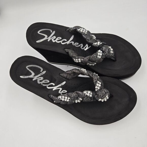 Skechers Black Silver Wedge Flip Flops Sandals Size 8 Platform Thongs Braid Y2K - Picture 1 of 10